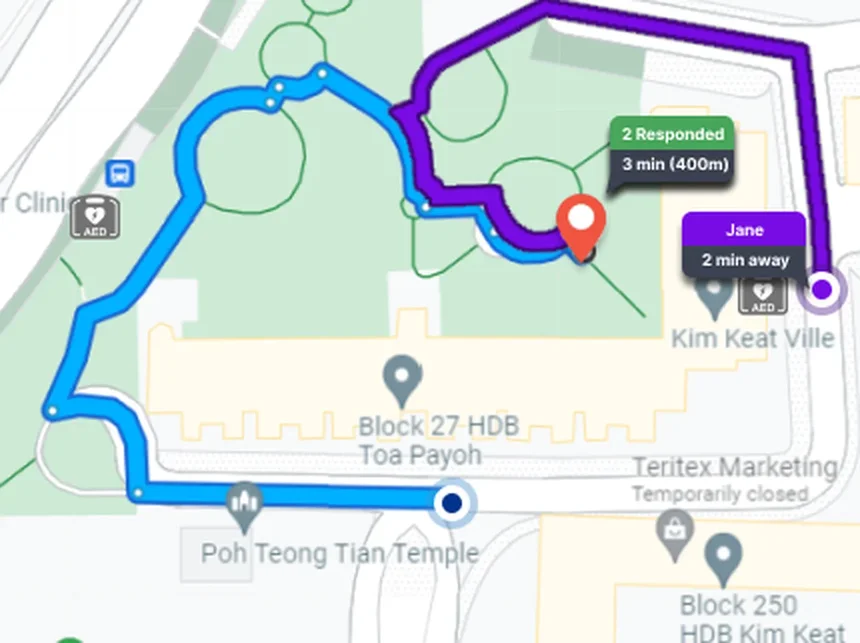 Live case map routing a responder to a cardiac arrest in Toa Payoh